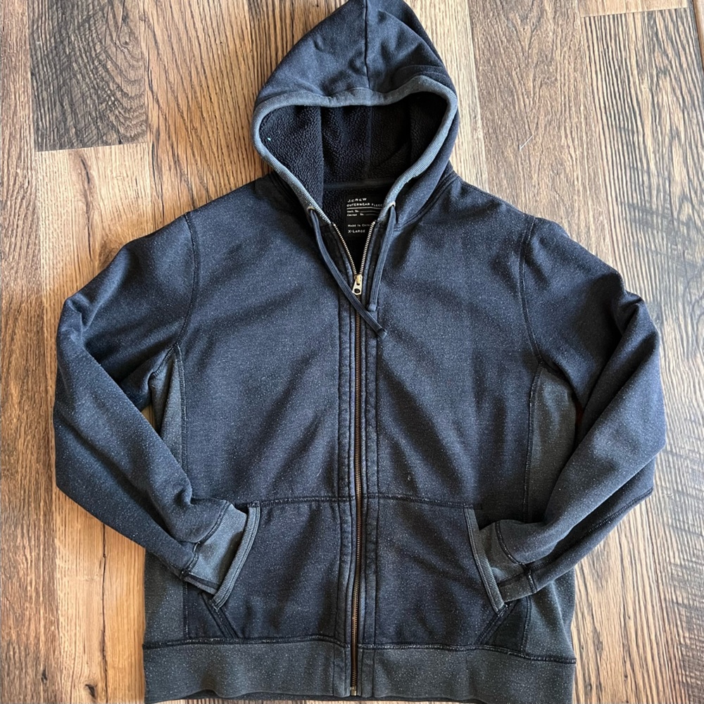 J. Crew washed blue, hooded fleece zippered heavy weight jacket